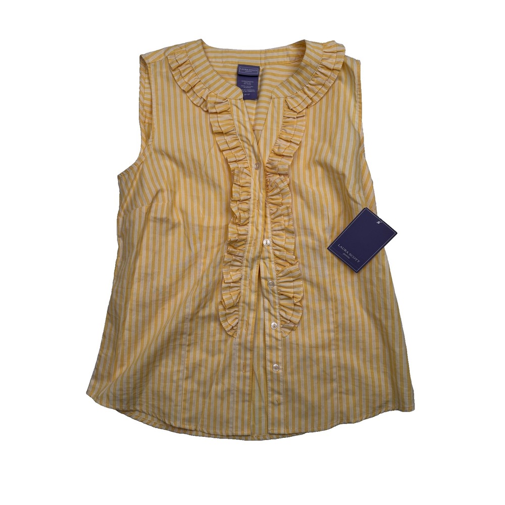 Laura Scott Shirt Womens Small Petite Yellow Striped Ruffle Button Front Blouse